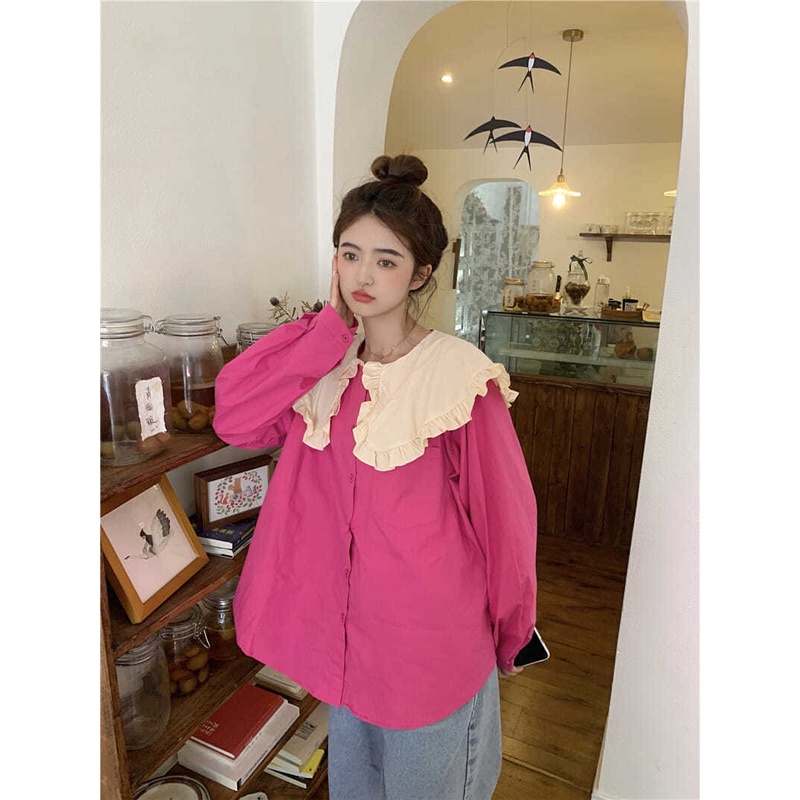 Áo sơ mi cổ búp bê phối bèo dáng rộng màu tương phản phong cách Hàn Quốc thời trang mùa thu cho nữ