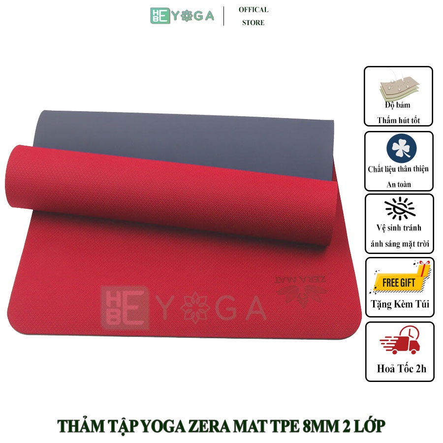 Thảm Tập Yoga TPE Zera Mat 2 Lớp 8mm màu Đỏ (Tặng Kèm Túi)