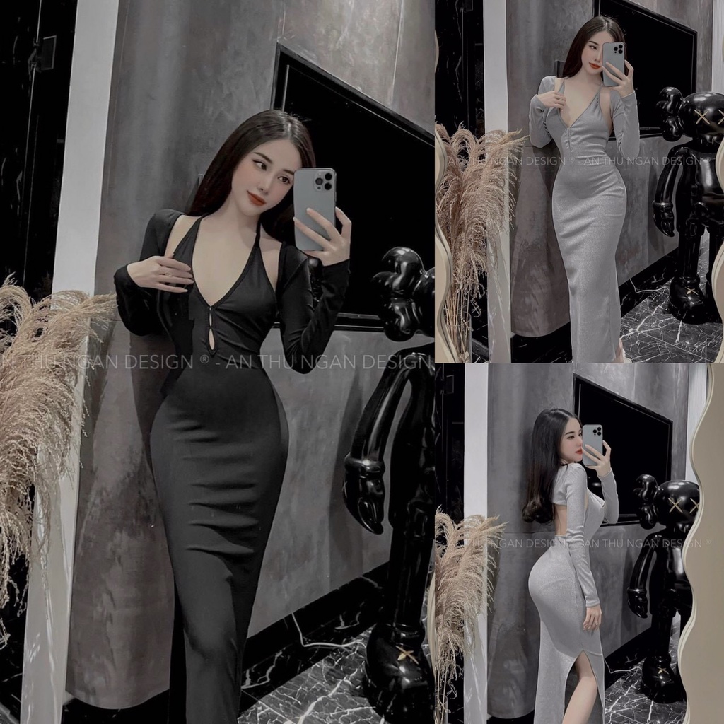 Set đầm body xẻ ngực maxi hở lưng dáng dài kèm áo khoác ngoài croptop sang chảnh quyến rũ
