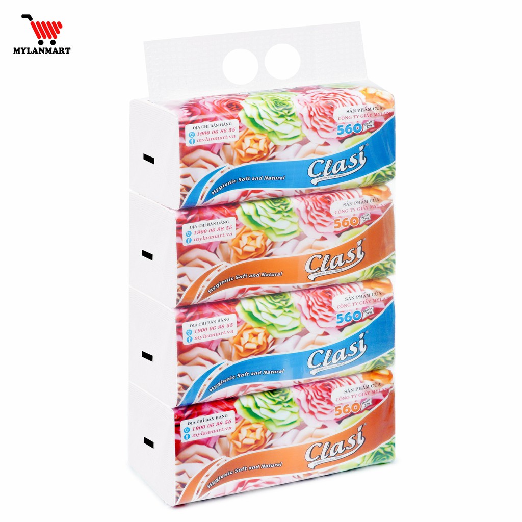 Giấy Mylan] Giấy Rút Lụa Clasi Hoa Hồng Mylan 3 Lớp (560 Tờ/Gói, 4 Gói/Xách) siêu dai,gỗ thông nguyê