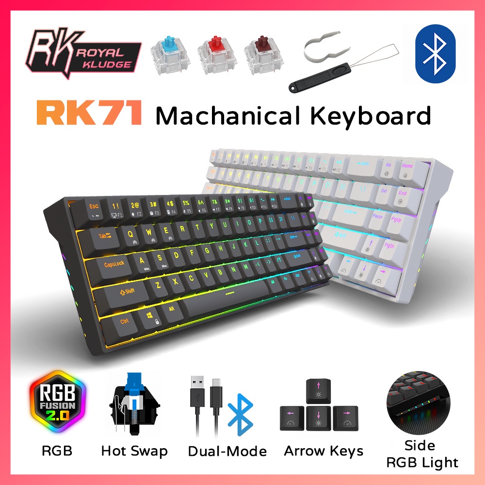 Bàn phím chơi game cơ học không dây ROYAL KLUDGE RK71 Bluetooth/Có dây 70% nhỏ gọn 71 phím Đèn nền RGB tùy chỉnh & Đèn bên Công tắc chuyển đổi màu xanh lam/nâu/đỏ cho Win/Mac