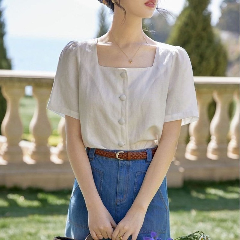 Áo Cổ Vuông Chất Liệu Cotton Lanh Phong Cách Retro Thời Trang Mùa Hè Cho Nữ