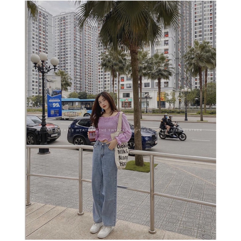 ÁO TRỄ VAI TÍM TAY DÀI BO CHUN DÚM NGỰC HOT - ÁO MẶC 2 KIỂU TÍM BÁNH BÈO