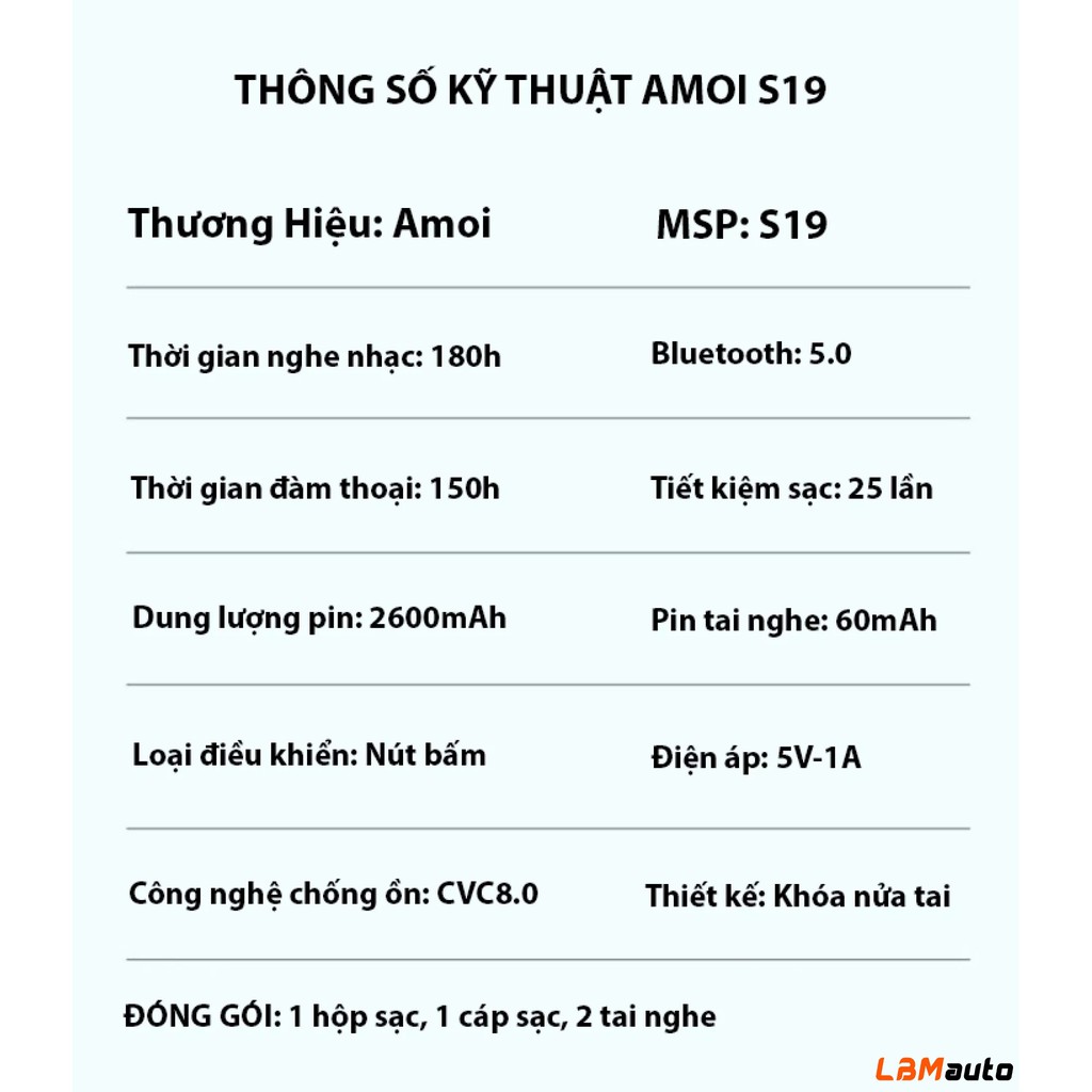 Tai Nghe không Dây Bluetooth Amoi S19 Phiên Bản Cao Cấp, Nâng Cấp 2023, Chống Nước, Chống Ồn Chủ Động, Màn Led
