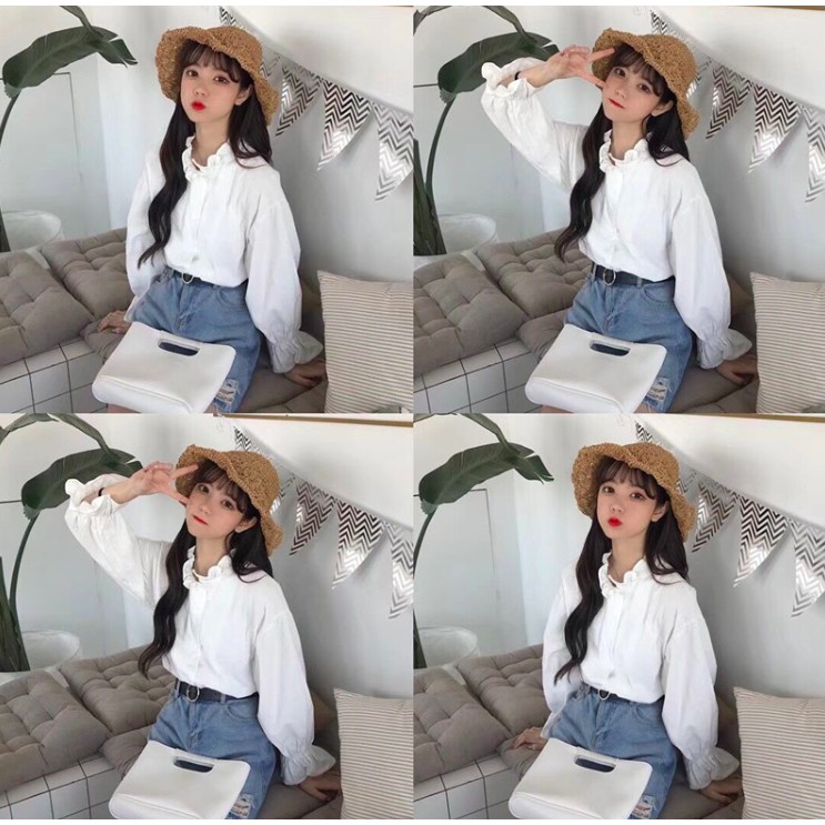 | ÁO SƠ MI CỔ BÈO DÀI TAY ULZZANG NỮ TÍNH