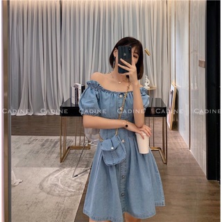 Váy jeans nữ đầm bò trễ vai tay ngắn chiết eo đính cúc phong cách ulzzang hàn quốc CADINE