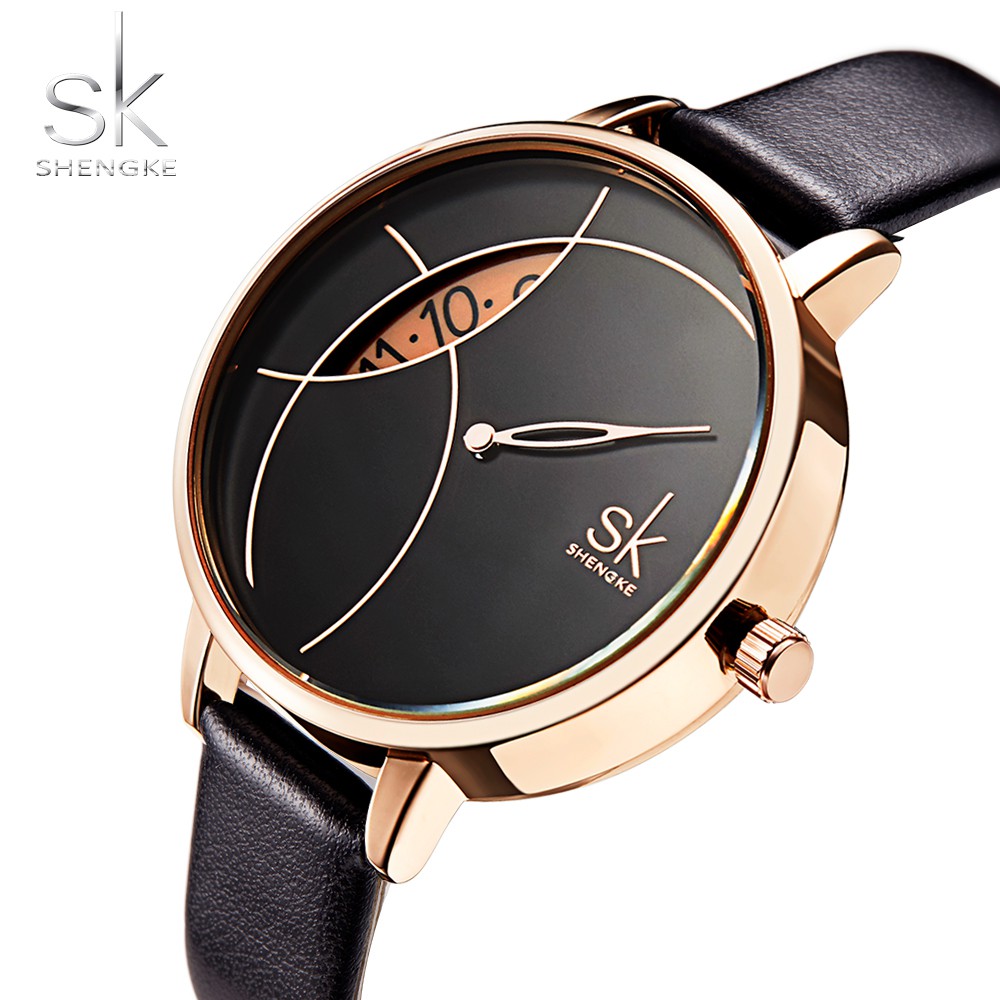 Đồng Hồ Shengke Thời Trang Cho Nữ Dây Đeo Bằng Da Thiết Kế Mặt Số Sáng Tạo