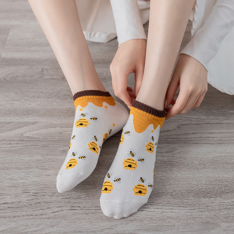Tất nữ cổ ngắn METAT, set 5 vớ nam nữ chât liệu cotton họa tiêt cute phong cách Hàn Quốc T11G
