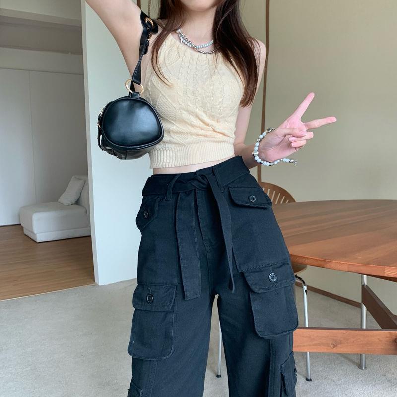 Quần Jean Đen Lưng Cao Ống Rộng Nhiều Túi Phong Cách Đường Phố Mỹ Thời Trang Thu Đông Cho Nữ