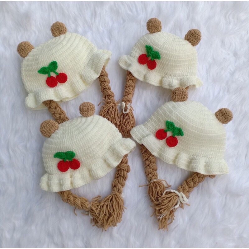 Mũ len thắt bím tóc handmade dễ thương cho bé