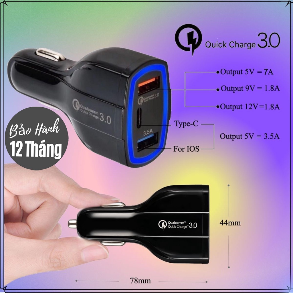 Bộ Tẩu Sạc Ô Tô Sạc Nhanh 3 Đầu Cắm USB 7A -  USB Quick Charger 3.0 - Type-C Kép Cho iPhone, Samsung, Huawei