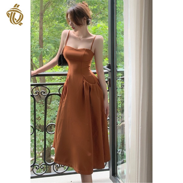 French style sexy collarbone sling dress women's graceful waist-tight figure-showing Midi A- Line dress