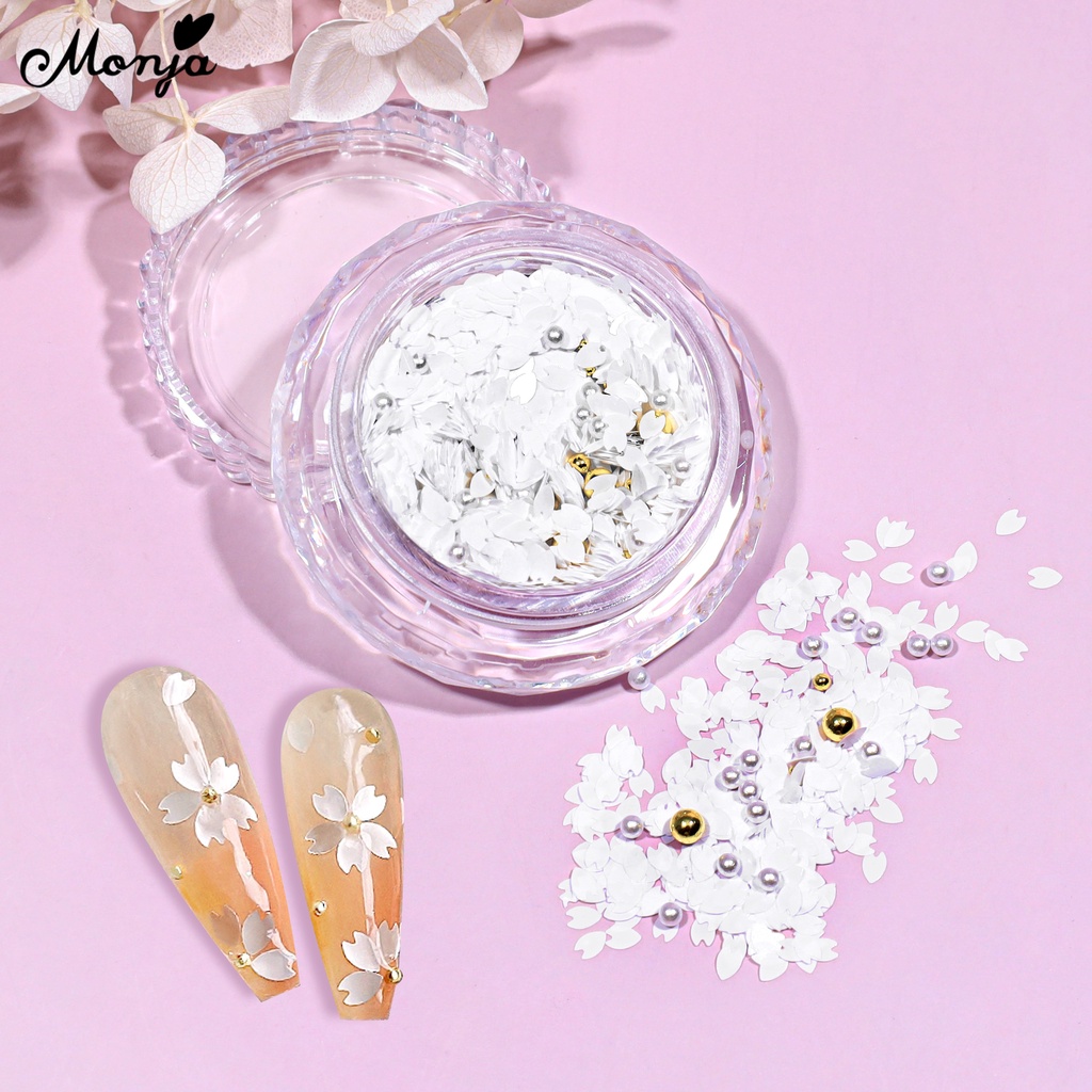MONJA Miếng Dán Trang Trí Móng Tay Hình Hoa Anh Đào Đính Hạt Ngọc Trai Xinh Xắn
