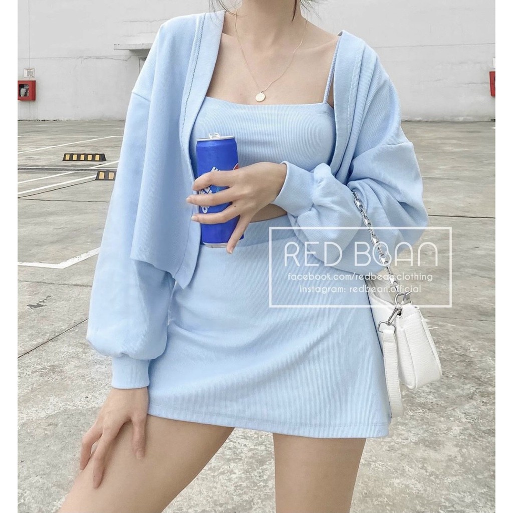 ♥️ SET CROPTOP DÂY PHỐI KHOÁC TAY PHỒNG KÈM CHÂN VÁY XANH ♥️