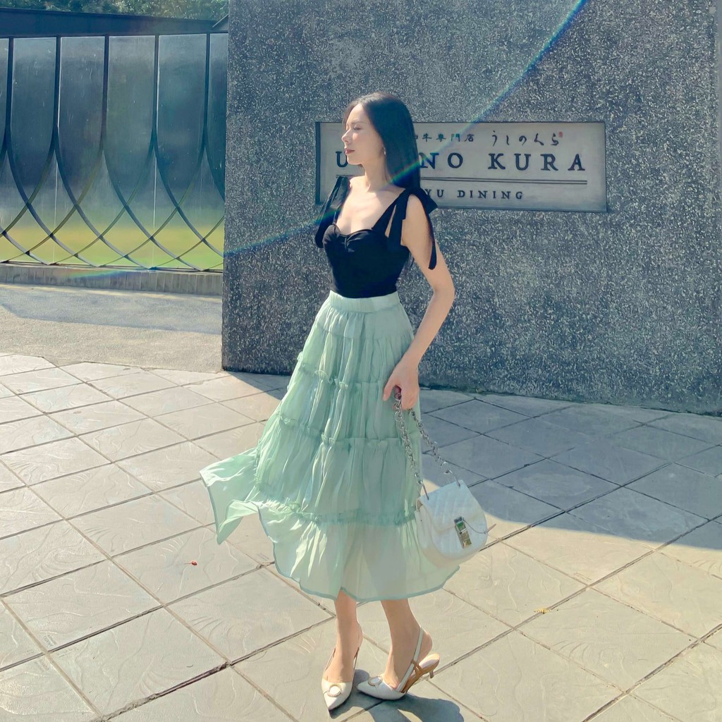 Chân váy dài xếp tầng chất tơ ý cạp chun đủ màu, freesize, thiết kế T-Ju, phong cách Hàn Quốc (cv trong trẻo)