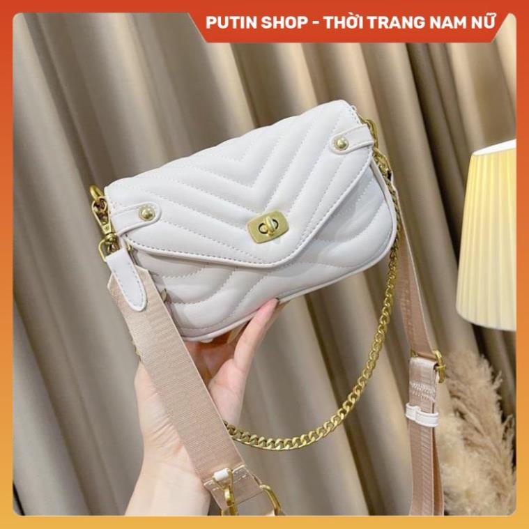 Túi trần trám da mềm bản 2 dây kèm ví tròn nhỏ siêu hót, Túi xách đeo chéo màu đen trắng nâu thời trang mới