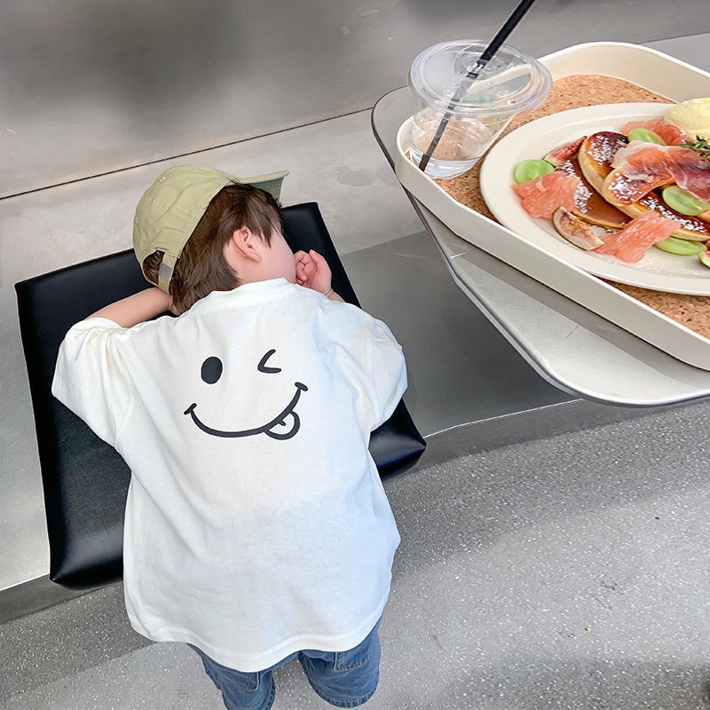 Áo Thun Cotton Tay Ngắn Cổ Tròn In Hình Mặt Cười Phong Cách Hàn Quốc Thời Trang Mùa Hè Mới Cho Bé Trai 0720