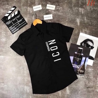  Áo sơ mi nam màu đen ngắn tay chữ ICON  Ht 