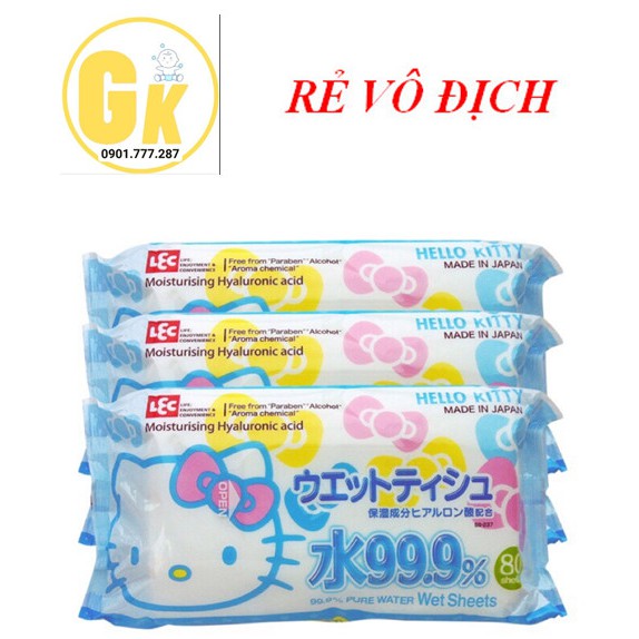 Giấy ướt LEC 99,9% nước tinh khiết Hello Kitty SS-232 80 tờ x 3 gói