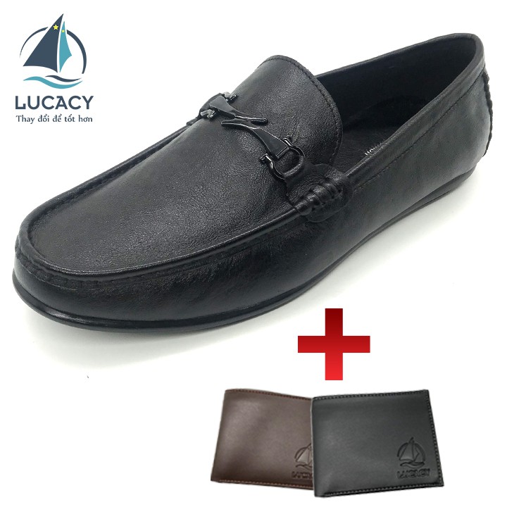 Combo giày mọi nam Lucacy da thật bảo hành 12 tháng LC11D + 1 ví da Lucacy