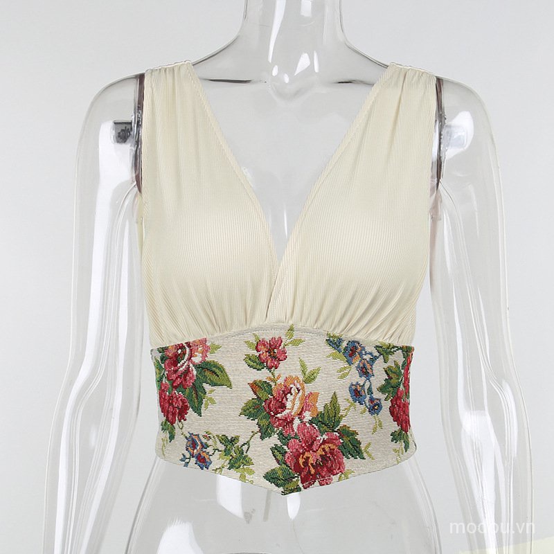 Áo Tank Top hoạ tiết hoa thiết kế cổ chữ V phong cách Vintage