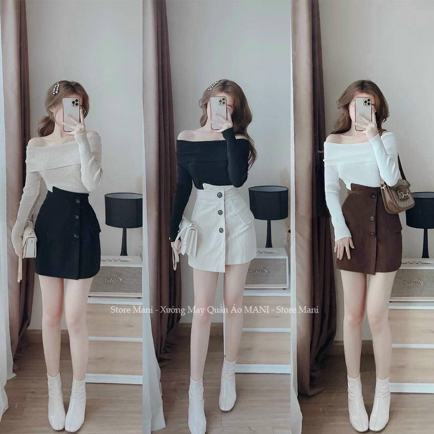 Chân váy chữ a ngắn nhung tăm cạp lệch có lót trong phối cúc kiểu quần giả váy nữ màu đen nâu kem năng động cá tính