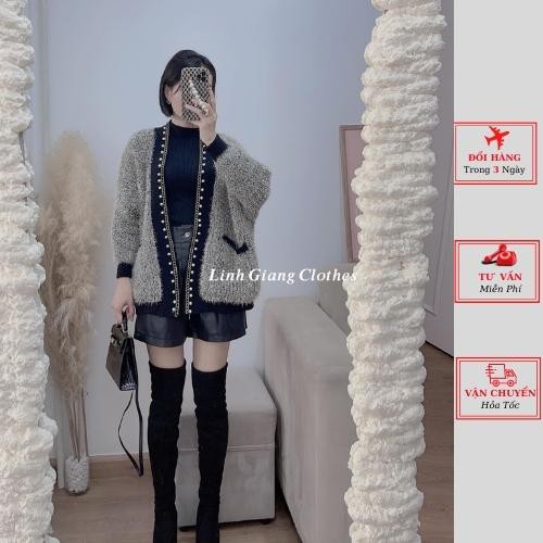 Áo khoác cardigan len nữ lông thỏ viền ngọc oversize dáng dài phom rộng ulzzang Hàn Quốc mùa thu đông