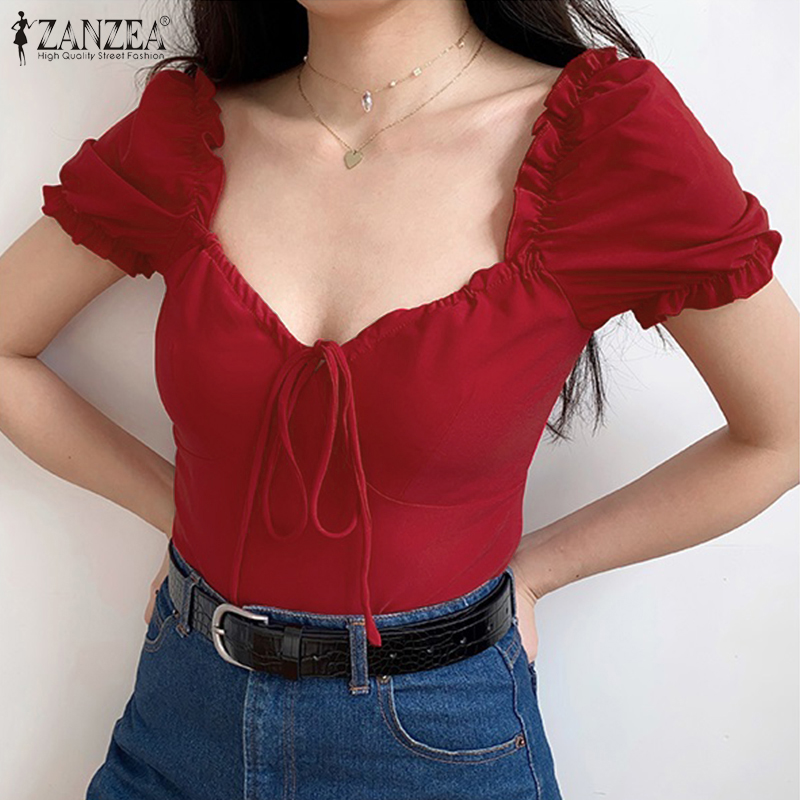 Áo Nữ ZANZEA Cổ Tim Dáng Tay Ngắn Thời Trang Dạo Phố/ Có Độ Co Giãn Mềm Mại