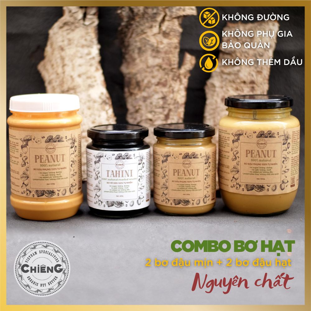 Combo 4 - Bơ đậu phộng không đường, Bơ đậu phộng ăn kiêng -  2 mịn + 2 hạt - 4 mịn - 4 hạt - CHIÊNG FOOD - 4 hũ 500g