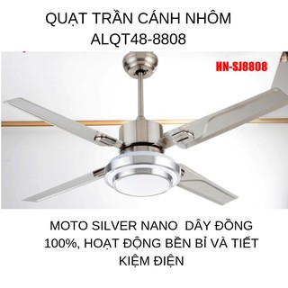 Quat trần đèn trang trí 5 cánh nhôm ALQT48-8808, điều khiển từ xa, đèn led 3 chế độ ánh sáng