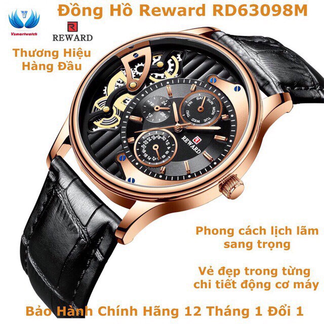 Đồng hồ phong cánh nam dây da mặt kính chống xước Reward