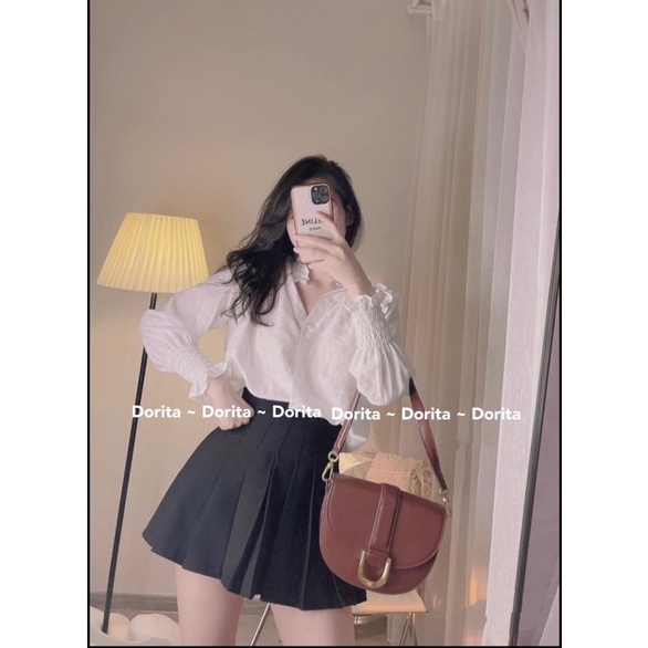 Áo sơ mi trắng cổ bèo tay bo, Áo sơ mi trắng cổ V viền bèo - Dorita Boutique