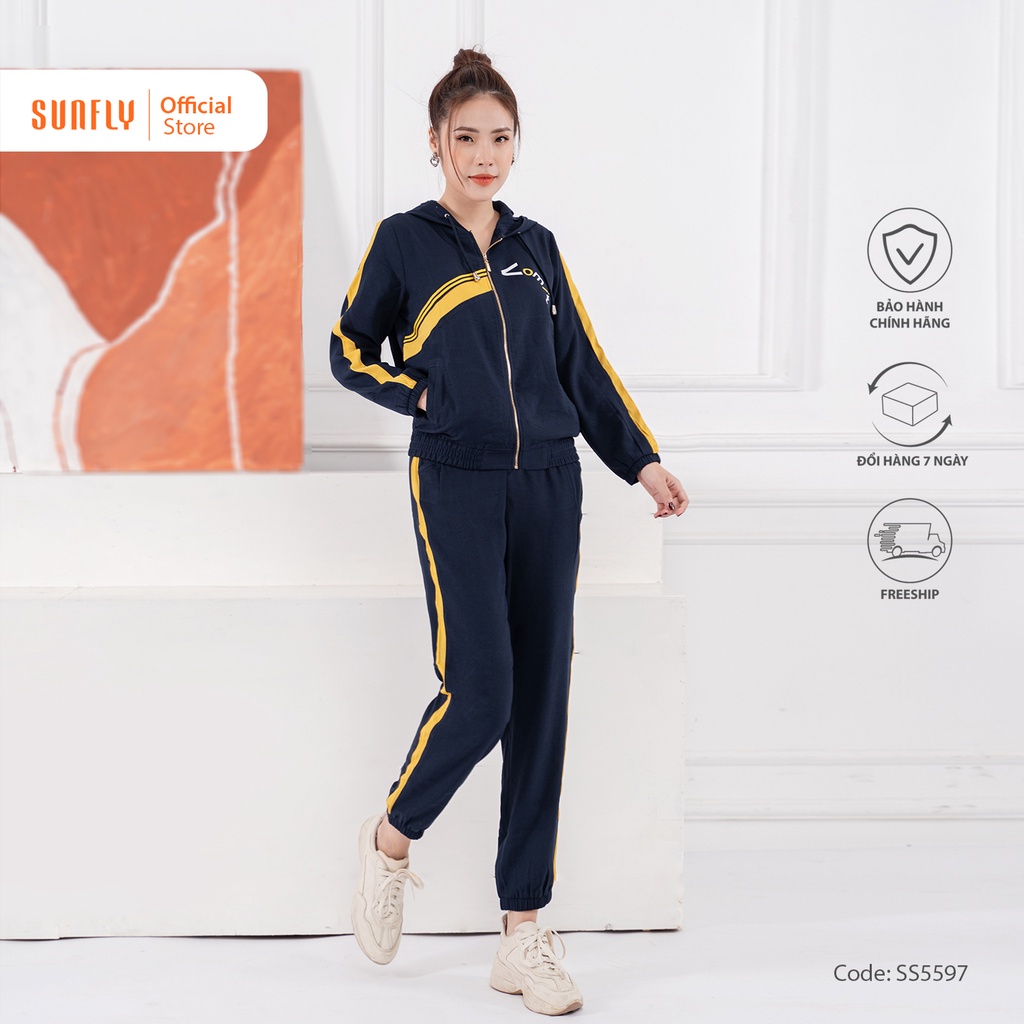 Bộ đồ mặc nhà nữ thể thao đũi SUNFLY kéo khóa có mũ áo dài quần dài SS5597