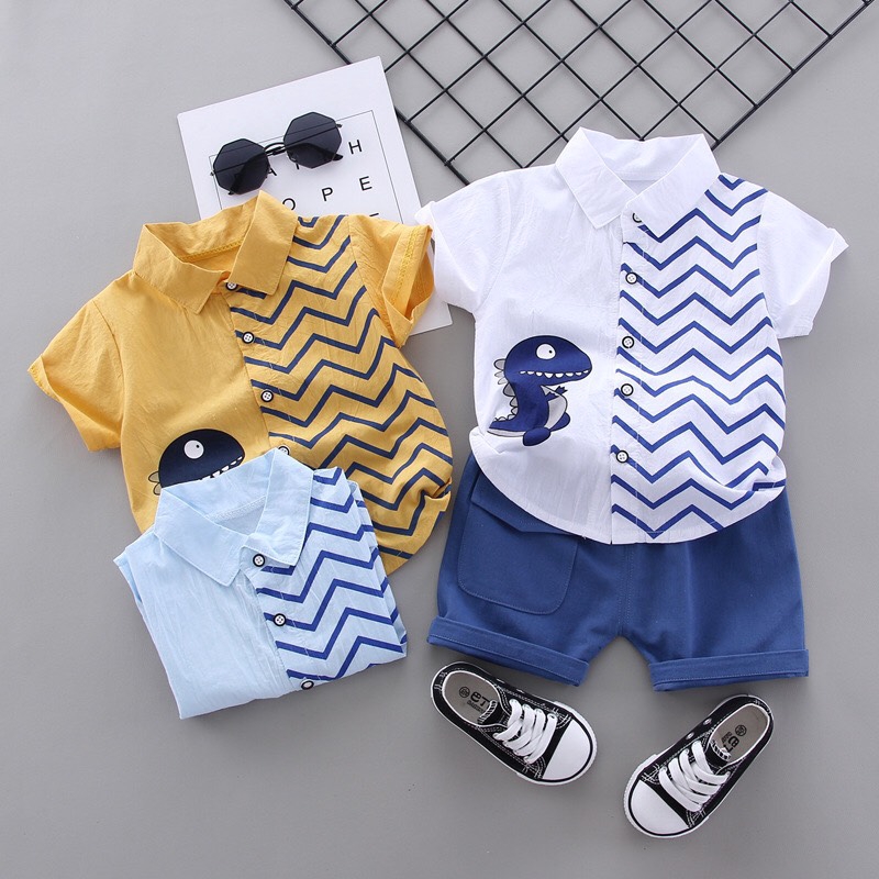 Bộ bé trai quần Short bò và áo sơ mi khủng long XHN524