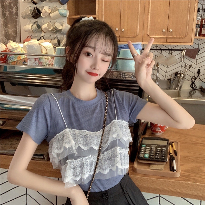 Áo Thun Tay Lỡ Phối Ren Giả Hai Lớp Dáng Rộng Phong Cách Hàn Quốc Dễ Phối Đồ Cho Nữ