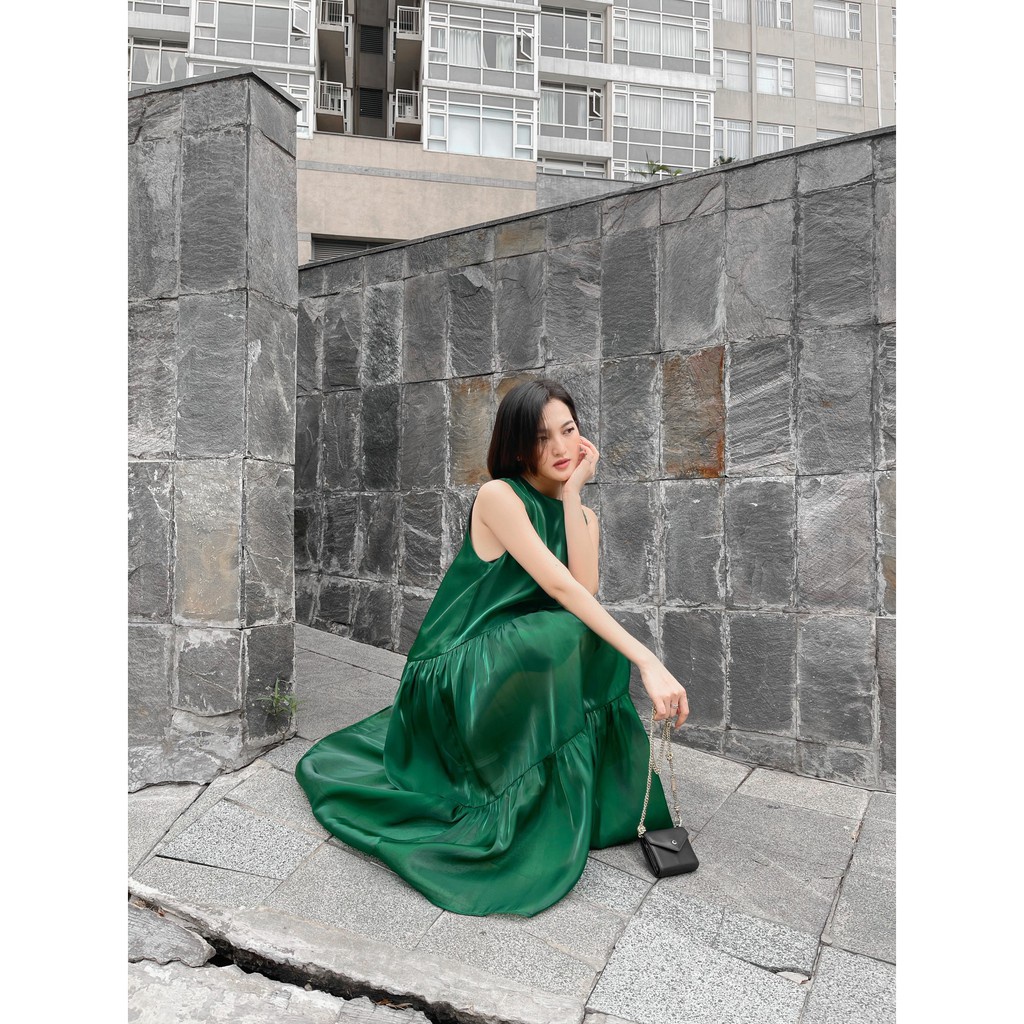 Đầm maxi tơ oganza nhũ ánh kim 2 lớp cao cấp