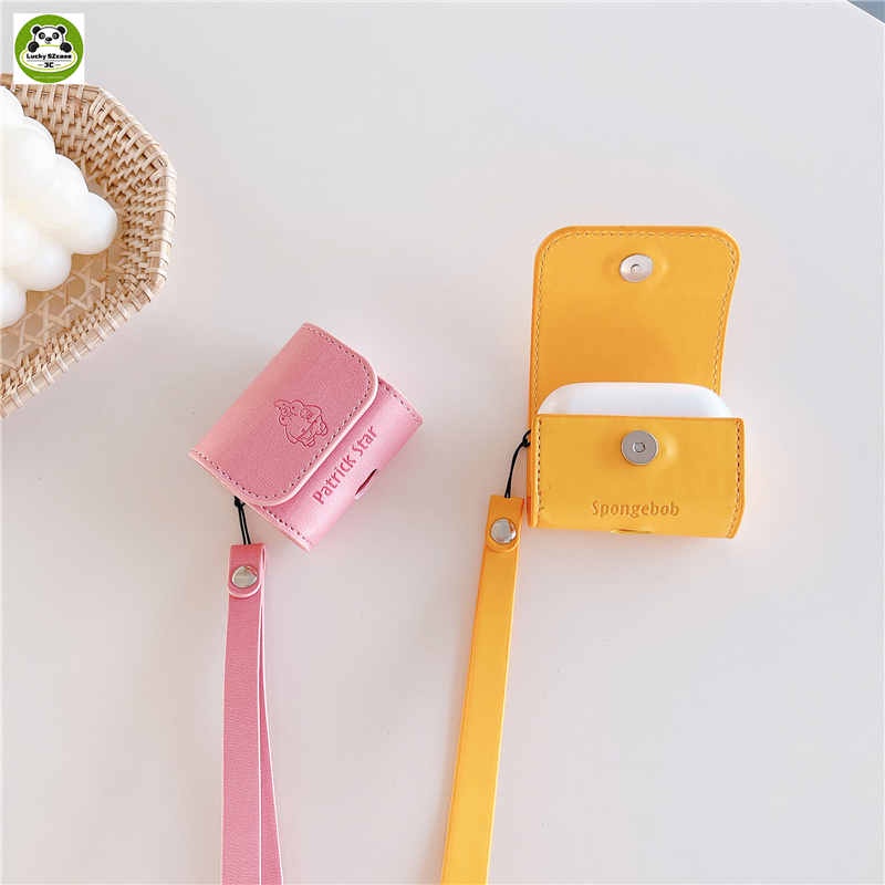 Vỏ Bảo Vệ Hộp Sạc Tai Nghe Airpods 1 2 Pro 3 Bluetooth Không Dây Chất Liệu Da Mềm Họa Tiết SpongeBob Gắn Dây Đeo