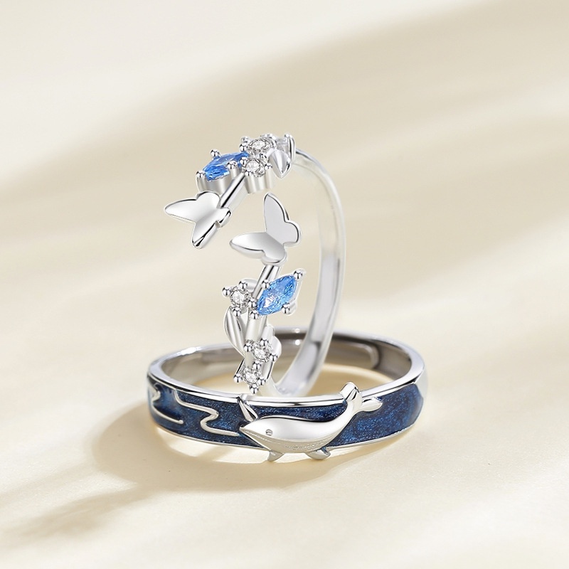 Nhẫn Mạ Bạc 925 Hình Cá Voi Và Bướm Đính Đá Zircon Xanh Dương Phong Cách Trung Hoa Thích Hợp Làm Quà Tặng Cho Cặ