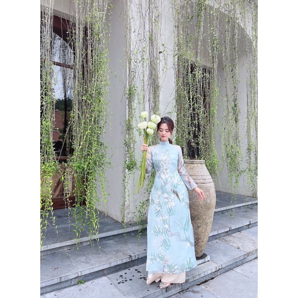 Áo dài cách tân 4 tà Thanh Mai màu xanh chất tơ , áo dài thiết kế sang trọng LINN DESIGN