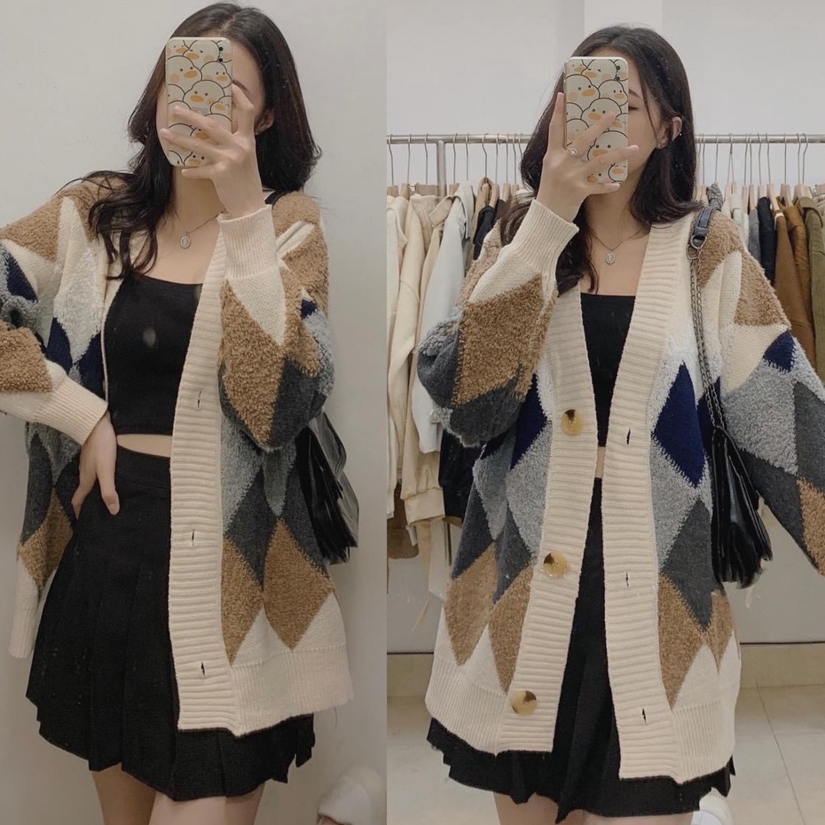 [ÁO CHOÀNG] Cardigan Dáng Hàn Hoạ Tiết Trám, Áo Khoác Len Lông Cừu Siêu Ấm