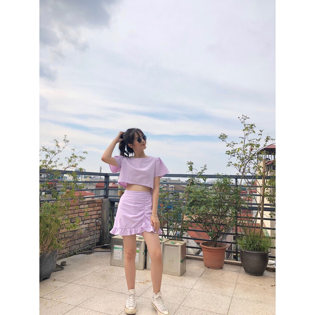 (VNXK) SET ÁO ĐŨI CROPTOP TÍM MIX CHÂN VÁY NỮ MÀU TÍM ĐUÔI BÈO - CHÂN VÁY ĐŨI ĐUÔI CÁ DÚM CHUN BÈO TÍM