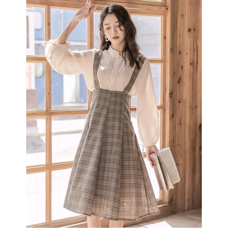 Set yếm 2 món nâu kẻ đai siêu xinh,set đầm nữ phong cách hàn quốc cho bạn gái diẹn đi chơi đi làm đi tiệc siêu xinh