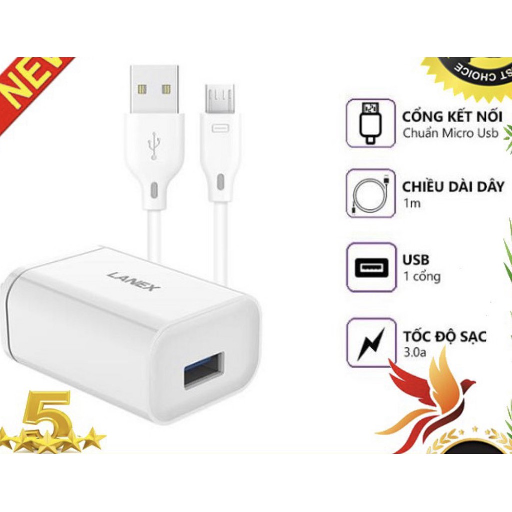 Bộ sạc nhanh LANEX LCK-03CM MicroUSB (01 cốc sạc USB, 3.0A, 1m)