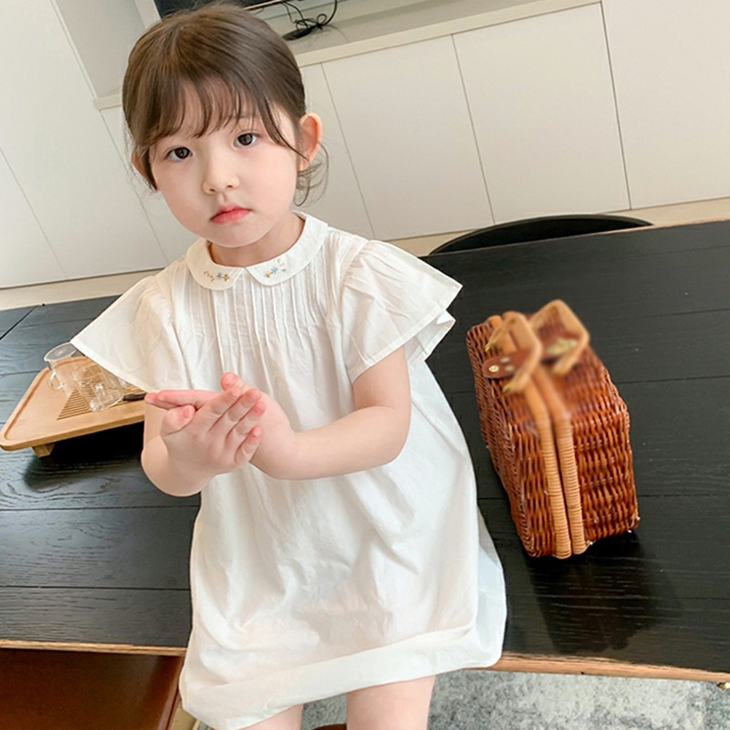 Đầm Công Chúa Xếp Ly Cổ Búp Bê Chất Liệu Cotton Thêu Họa Tiết Phong Cách Hàn Quốc Đơn Giản Dành Cho Bé Gái