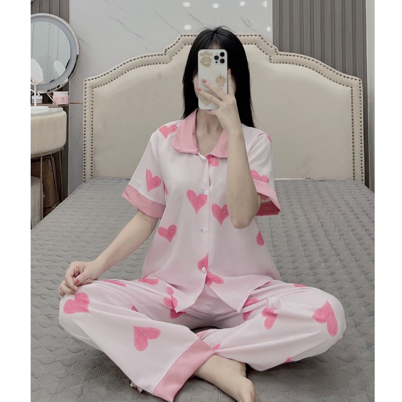 Đồ bộ pijama mặc nhà, đồ bộ nữ cộc tay quần dài chất lụa satin mềm mại, họa tiết xinh xắn | BigBuy360 - bigbuy360.vn
