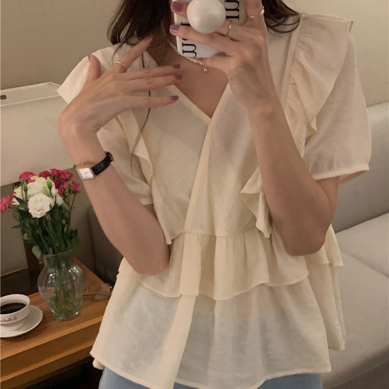 SUXI Áo Sơ Mi Tay Ngắn Cổ Chữ V Màu Sắc Ngọt Ngào Phong Cách Hàn Quốc Thời Trang Mùa Hè Cho Nữ