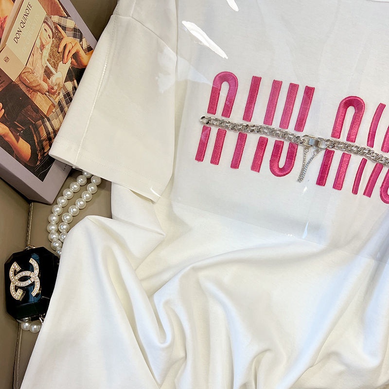 Mới Áo Thun Tay Ngắn Hoạ Tiết Chữ Thêu Thiết Kế Dáng Rộng Thoải Mái