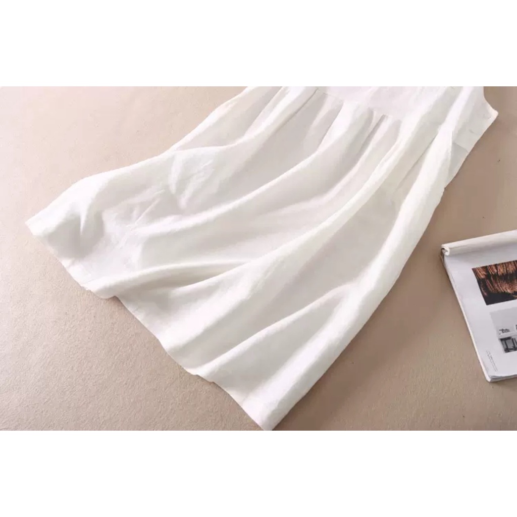 Váy đũi nữ trắng cổ V, Đầm suông nữ sát nách chất đũi mát, mặc nhà, mặc đi chơi Da69