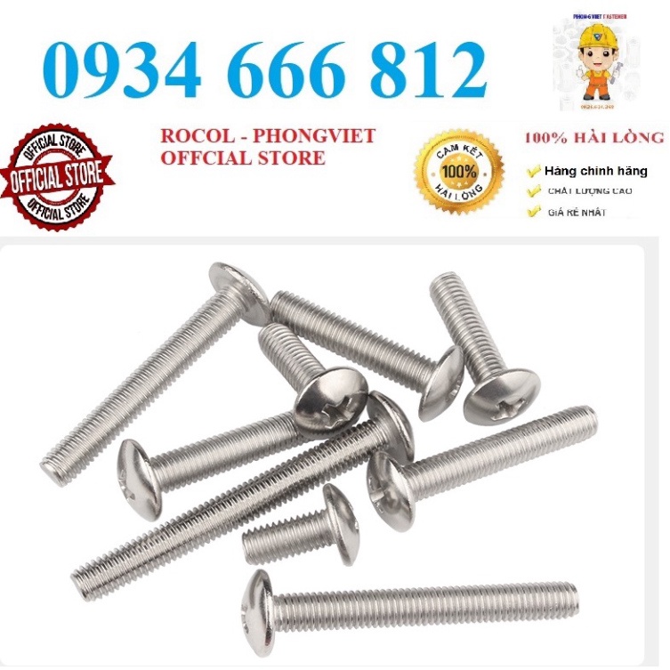 Vít pake đầu dù thân bulong INOX 304 M6, M6x10,M6x12,M6x16,M6X20, M6X25,M6x30,M6x35,M6x40