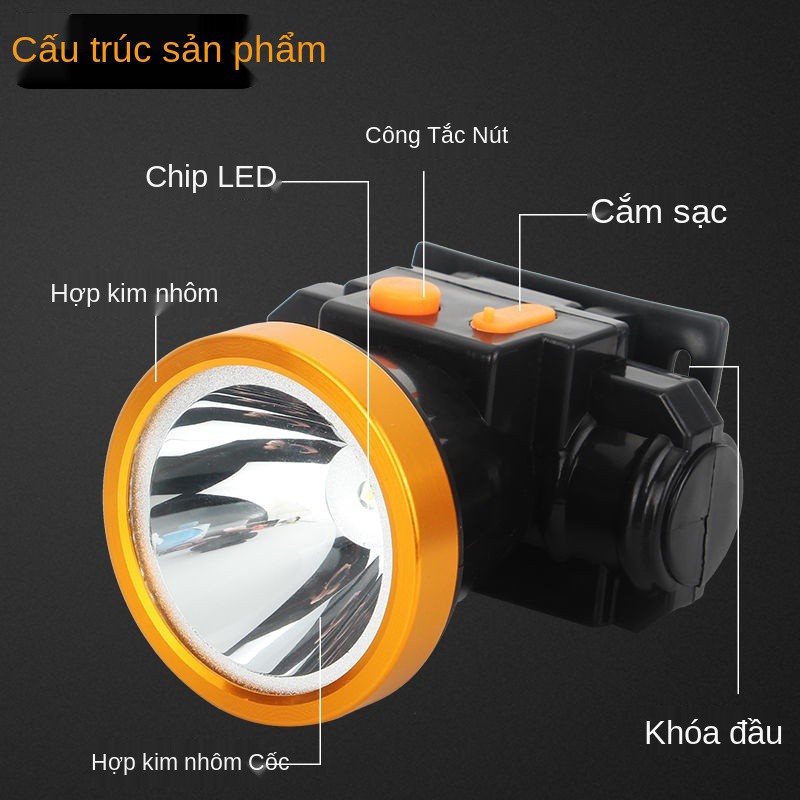 Đèn pha LED độ sáng cao có thể sạc lại tầm xa siêu chống thấm nước ngoài trời soi câu cá ban đêm pin thợ mỏ